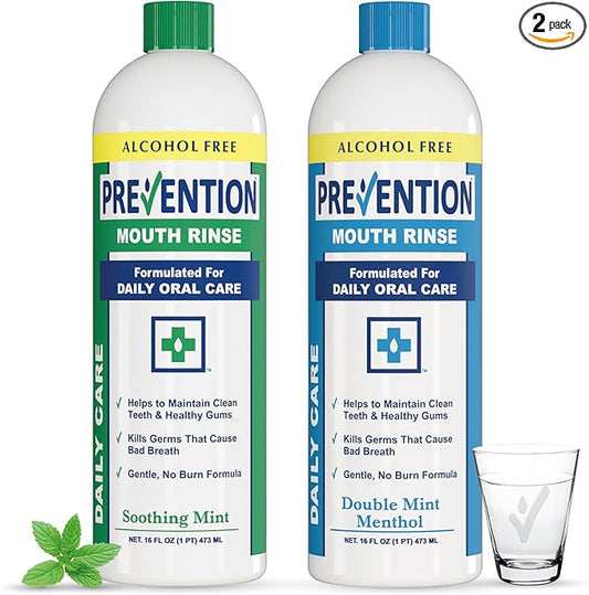 Prevention Daily Care Combo Pack, Alcohol-Free Mouthwash, Hydrogen Peroxide Teeth Whitening, 1 Bottle of Soothing Fresh Mint, 1 Bottle of Double Mint Menthol, Gum Care Oral Mouth Rinse 16 oz 2 Pack.