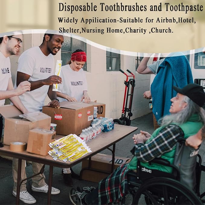 Disposable Toothbrushes with Toothpaste,100 Pack Yellow Hollow Individually Wrapped Disposable Travel Toothbrushes Kit in Bulk for Homeless,Nursing Home,Hotel,Charity