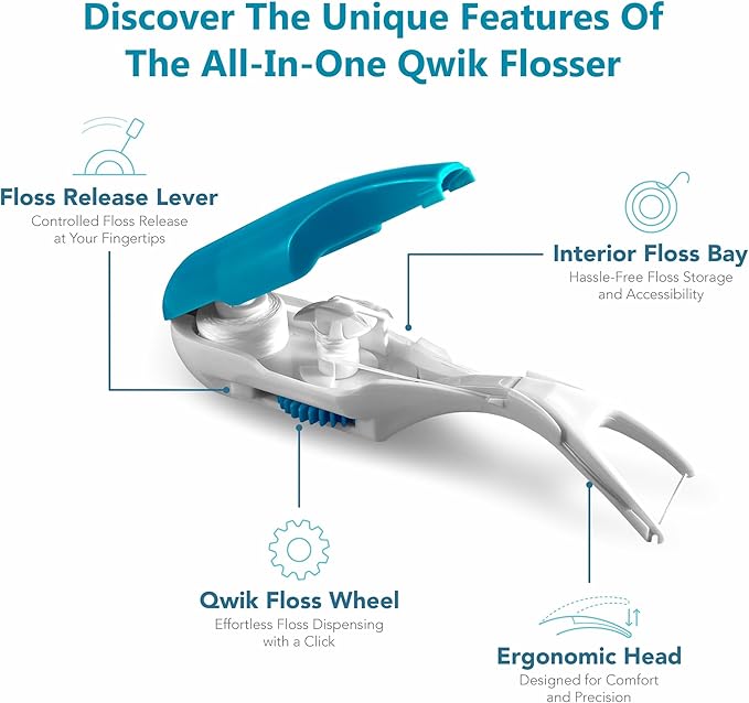 QWIK Automatic Dental Flosser | Click-to-Use, Reusable & Refillable | Pre-Loaded Floss with Travel Cover | Easy Flossing for Plaque Removal, Clean Teeth & Fresh Breath (Green)