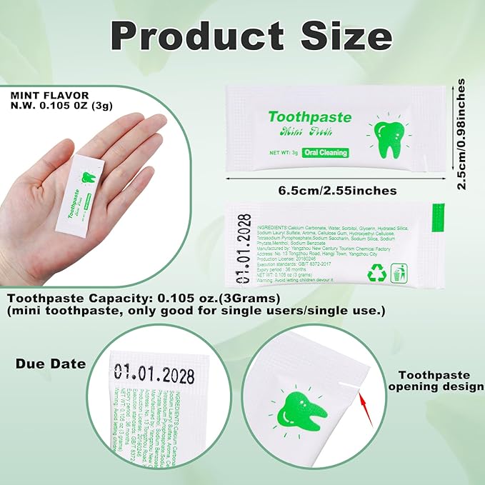 Too Small Bulk Travel Size Toothpaste Pack of 200,0.105 oz Extra Small Toothpaste Travel Size Bulk Mint Mini Disposable Toothpaste for Hotel,Guests,Homeless,Charity(Only Good for Single Use)