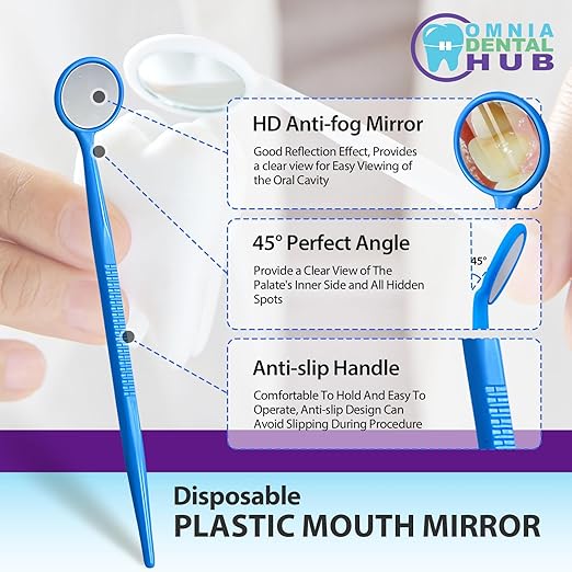 100 PCs Dental Grade Disposable Dental Mouth Mirrors by Omnia ONE | Blue Oral Dental Mirror Plastic Dental Instrument | Anti Fog Mouth Glass Mirror for Teeth with Handles Plastic Tooth Mirror