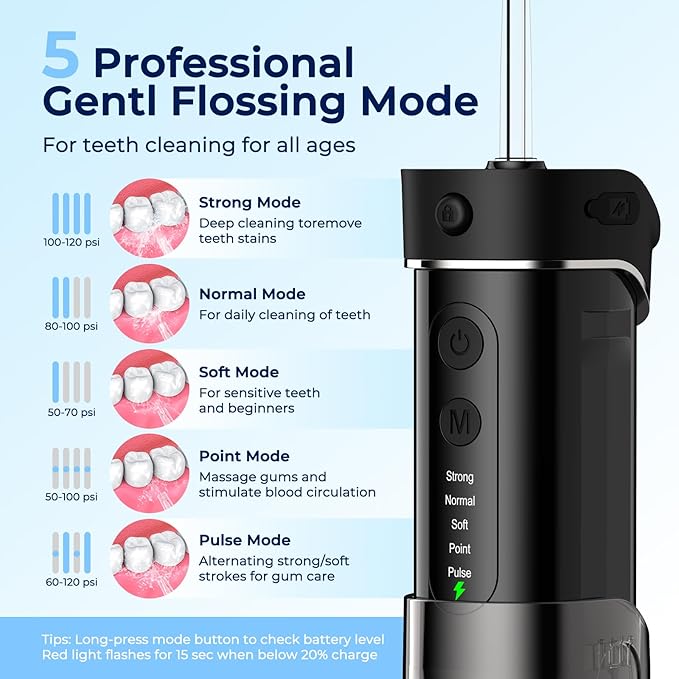 Portable Travel Water Flosser for Teeth – FOMIS Mini Water Flosser with 5 Mode, 5 Nozzles, 180ML Collapsible Tank, Smart Timer, IPX7 Waterproof Cordless Oral Irrigator for Brace & Sensitive (Black)