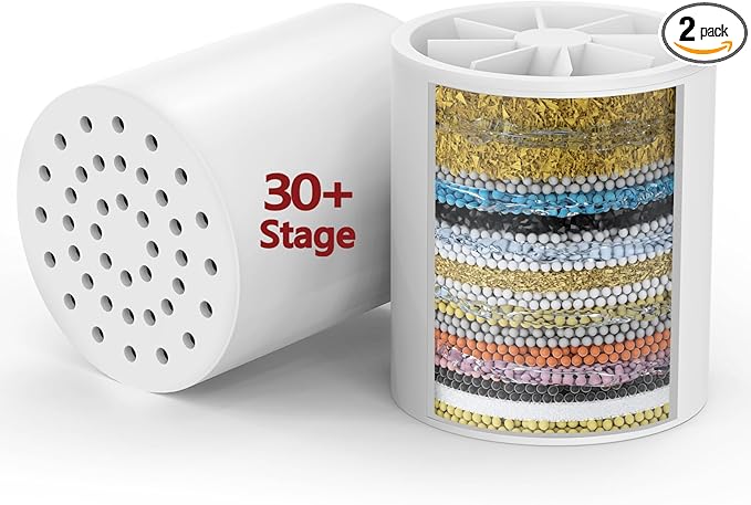 2 Pack 33 Stage Universal Shower Filter Replacement Cartridge V+C+E- Hard Water Purifier Removes Chlorine, Heavy Metals, Iron, Sediments - High Output Water Softener for Skin & Hair