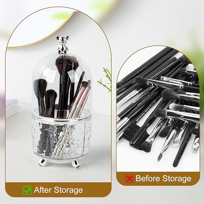 360° Rotating Makeup Brush Organizer with Lid, Dustproof Cosmetic Tools Organizer with Cover, Makeup Brush Holder Organizer for Vanity, Bathroom Countertop, Desktop Dresser