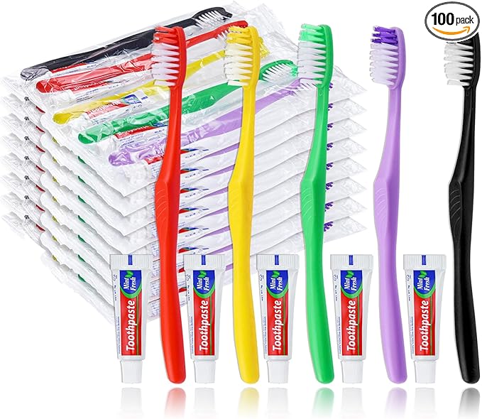 100pcs Disposable Toothbrushes with Toothpaste,Single Use Toothbrush with Toothpaste Individually Wrapped Disposable Travel Toothbrushes Kit Bulk for Homeless,Hotel,Guests(5 Colors)