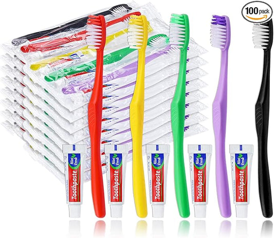 100pcs Disposable Toothbrushes with Toothpaste,Single Use Toothbrush with Toothpaste Individually Wrapped Disposable Travel Toothbrushes Kit Bulk for Homeless,Hotel,Guests(5 Colors)