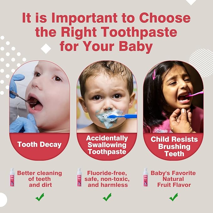NOHOO Fluoride Free Foam Toothpaste Kids Fruit Flavour,Natural Training Toothpaste for Baby Toddler Children Oral Cleaning and Cavity Protection(Strawberry + Peach)