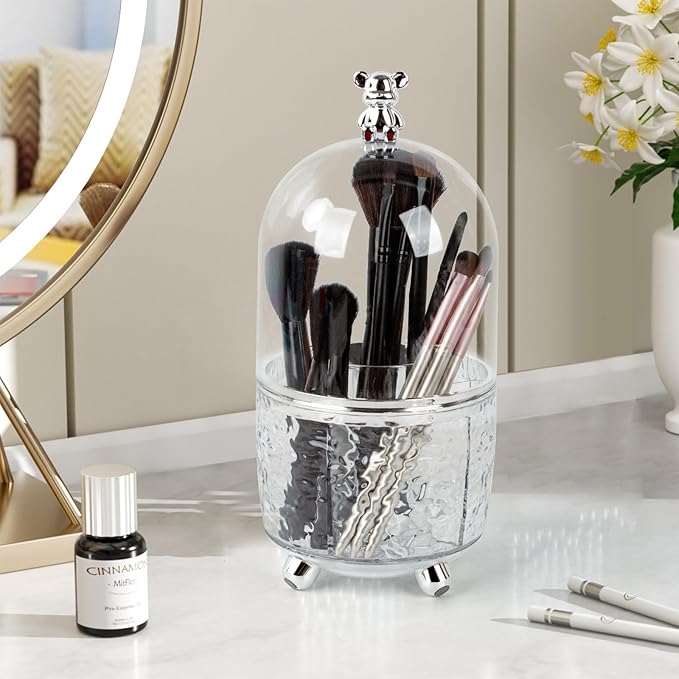 360° Rotating Makeup Brush Organizer with Lid, Dustproof Cosmetic Tools Organizer with Cover, Makeup Brush Holder Organizer for Vanity, Bathroom Countertop, Desktop Dresser