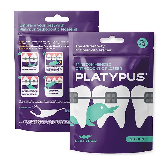 Platypus Orthodontic Flossers for Braces, 30 Count (Pack of 5), Ortho Picks for Adults & Kids, Fits Under Arch Wire, Non-Damaging, Encourage Flossing Habits
