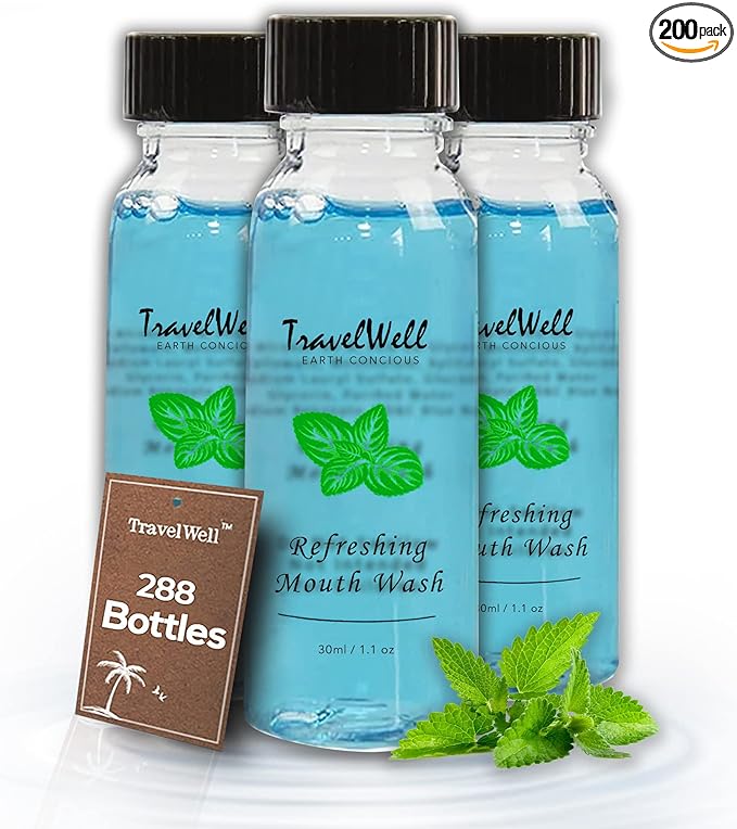 Travel Well Individually Wrapped Mouthwash Bottles - Cruise Essentials & Hotel Mouthwash - Travel Essentials & Toiletry Case Friendly - Long-Lasting Mint & Alcohol-Free - 1 Fl Oz, Pack of 288