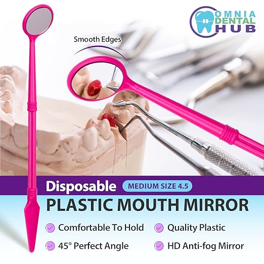 200 PCs Dental Grade Disposable Dental Mouth Mirrors with Spatula Handle by Omnia ONE | Pink Oral Dental Mirror Plastic Dental Instrument | Anti Fog Mouth Glass Mirror for Teeth