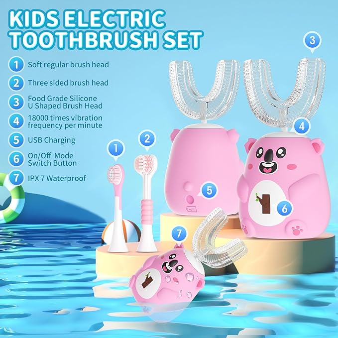 Kids U Shaped Electric Toothbrush, Automatic 360° Sonic Cleaning, 6 Modes, 4 Brush Heads, Cute Cartoon Koala Design (6-12 Age (Pink))