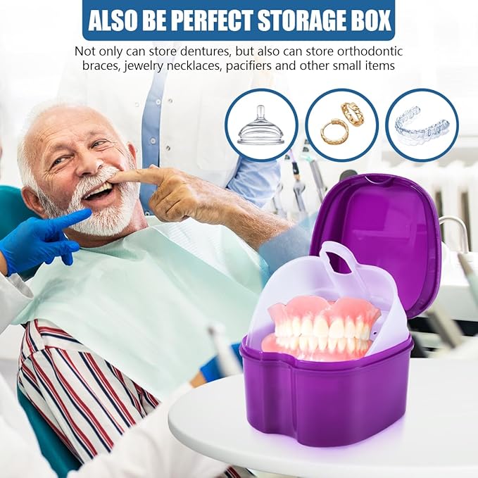 3 Pack Colors Denture Bath Case Cup Box Holder Storage Soak Container with Strainer Basket for Travel Cleaning (Blue, Light Blue, Purple)