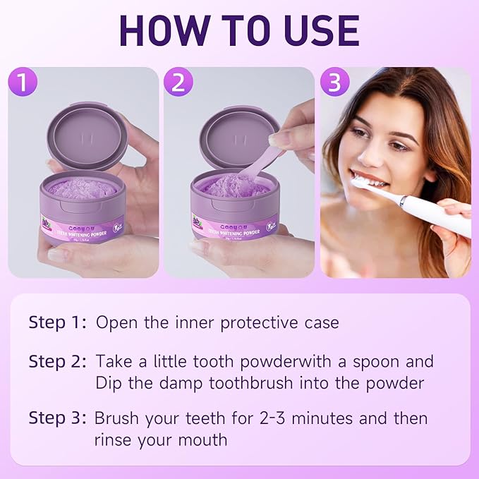 Purple Teeth Whitening Powder, Grape & Mint Flavor Natural Teeth Whitener, Color Corrector Toothpaste Powder for Tooth Stain Removal