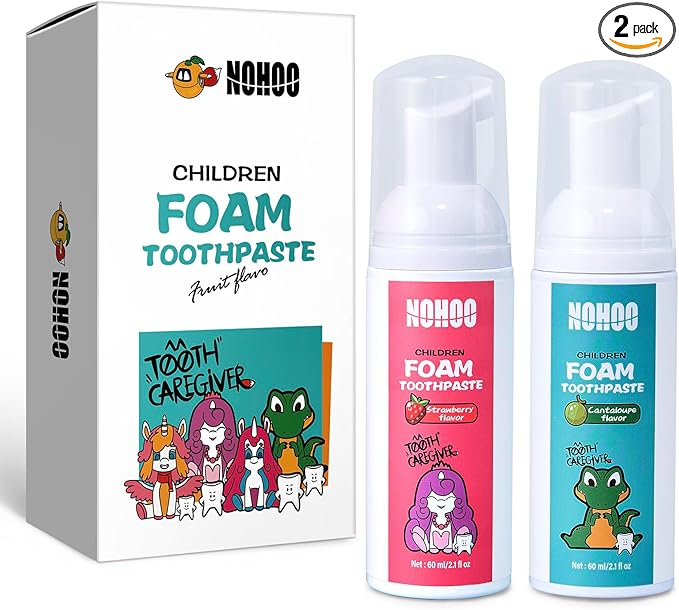 NOHOO Fluoride Free Foam Toothpaste Kids Fruit Flavour,Natural Training Toothpaste for Baby Toddler Children Oral Cleaning and Cavity Protection(Strawberry + Cantaloupe)