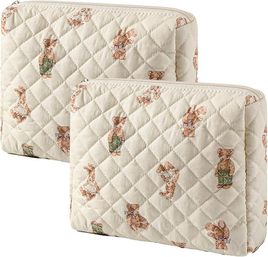 Quilted Cotton Makeup Bag 2Pcs Coquette Cosmetic Bag,Large Soft Floral Travel Toiletry Bag for Women and Girls (01Bear)
