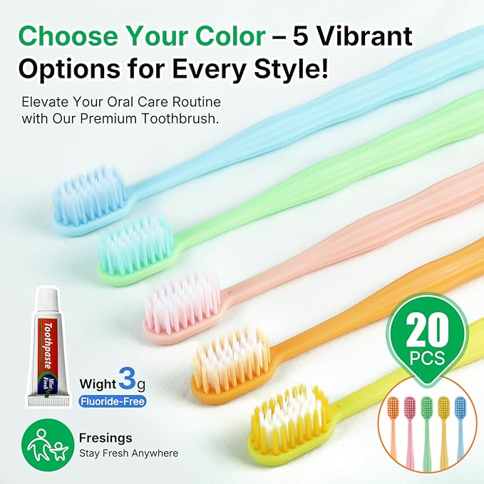 20 Pack Disposable Toothbrushes with Toothpaste, Individually Wrapped Soft Bristle Travel Toothbrush Bulk, Hotel Guest Amenities, Mint 3g Toothpaste Set for Camping, Donation & Oral Care Kit