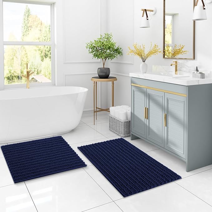 Arotive Luxury Chenille Bathroom Rug Mat, Extra Soft Thick Absorbent Shaggy Bath Rugs, Non-Slip Machine Wash Dry, Plush Bath Mats for Bathroom, Shower and Tub, 60x20, Navy