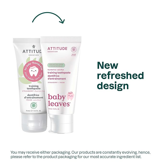 ATTITUDE Baby and Child Fluoride-Free Training Toothpaste, EWG Verified, Naturally Derived Ingredients, Vegan, Strawberry, 2.6 Oz