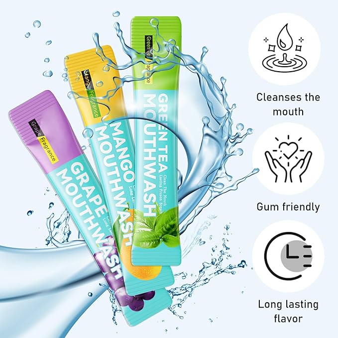 3 Flavors Mini Mouthwash Travel Size, Portable Individual Travel Mouth Wash for Fresh Breath, Refreshing Long Lasting Gentle Oral Care Mouthwash Packs(Pack of 60) Set B