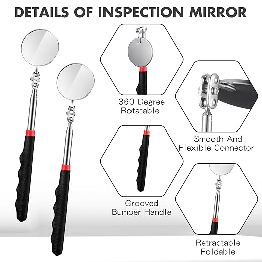 2 Pcs Telescoping Inspection Mirrors, Mechanics Mirror Tool with Long Handle, Round Extendable Mirror on a Stick for Technicians Mechanics Contractors Checking Observation (50mm,Black)