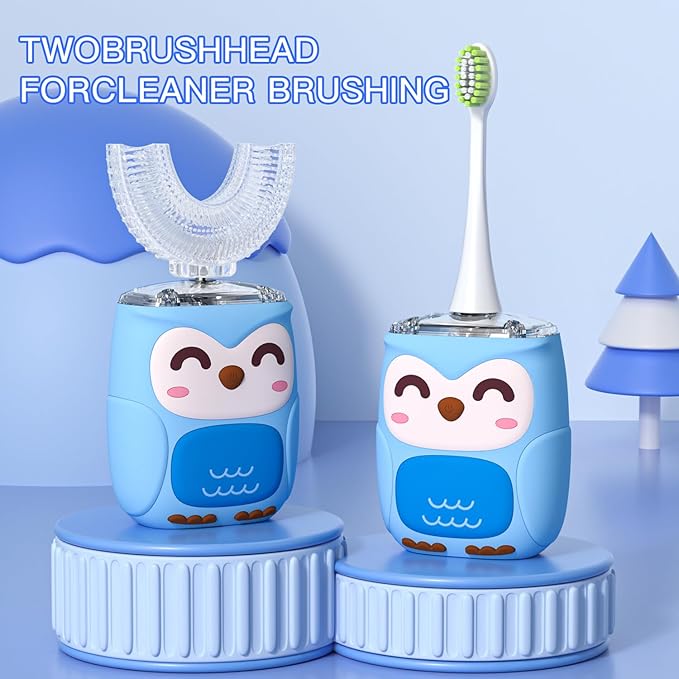 Kids Electric U Shaped Toothbrush Kids Sonic Toothbrush with 4 Soft Brush Head Automatic Full Mouth 6 Cleaning Mode-(Age8-15 Blue)