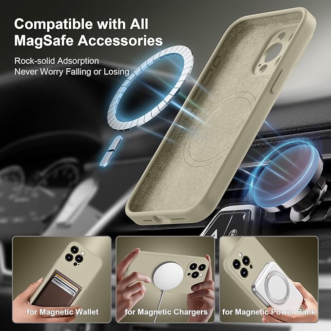 Magnetic for iPhone 15 Pro Case, Compatible with MagSafe, with 9H Nano Screen Protectors, Full Camera Protection, Silicone Shockproof Microfiber Lining Phone Case 6.1", Khaki