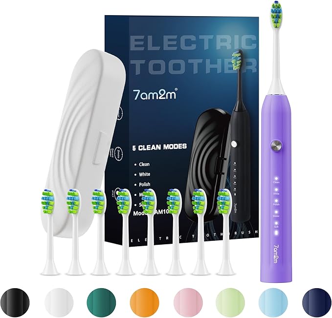 7AM2M Sonic Electric Toothbrush for Adults and Kids, with 8 Brush Heads and Travel Case,5 Modes with 2 Minutes Built in Smart Timer, One Charge Use for 90 Days, Rechargeable Toothbrushes (Purple)