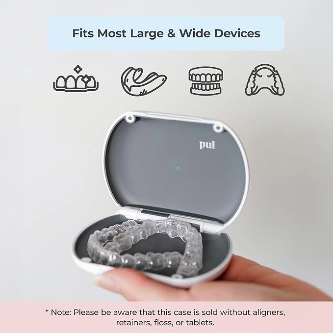 PUL Aligner Care Convenience Kit – Case + 2-in-1 Tool for Invisalign, Retainers, Partial Dentures, Mouth & Night Guards & More – Gray Case & 2-Pack of Blue Aligner Seating Chewie & Removal Tool