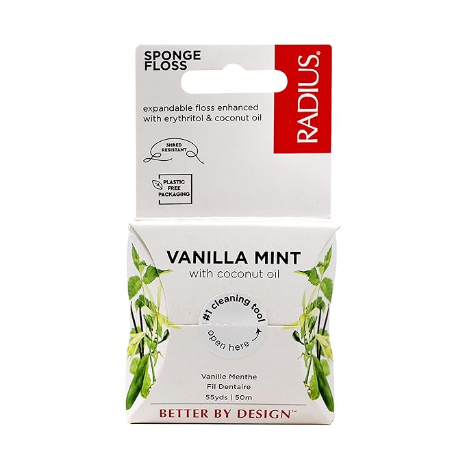 Radius Dental Floss, Sponge Floss, Vanilla Mint, 55 Yards, Vegan & Non-Toxic Oral Care Designed to Help Fight Plaque, Pack of 2