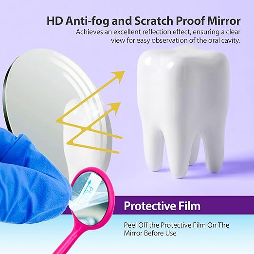 200 PCs Dental Grade Disposable Dental Mouth Mirrors with Spatula Handle by Omnia ONE | Pink Oral Dental Mirror Plastic Dental Instrument | Anti Fog Mouth Glass Mirror for Teeth