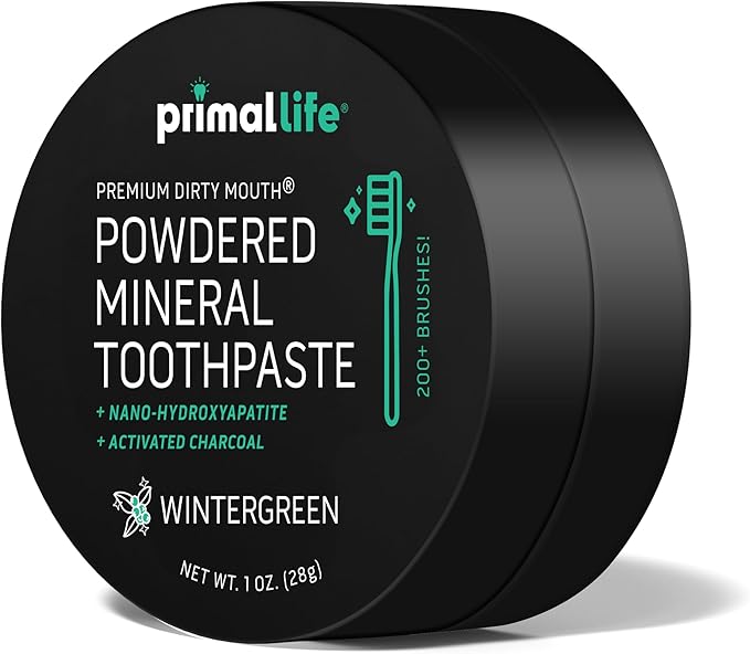 Primal Life Organics - Dirty Mouth Toothpowder, Activated Charcoal Tooth Cleaning Powder, Essential Oils Natural Kaolin & Bentonite Clay, 200+ Brushings Organic Vegan (Charcoal Wintergreen, 1 oz)
