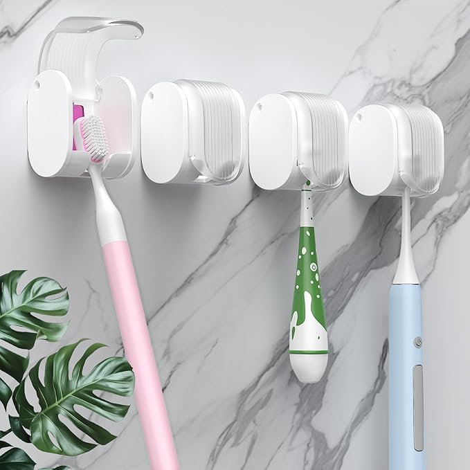 4 Pcs Toothbrush Holders Wall Mounted, Single Slot Design, Shower Self Adhesive Wall Mounted Toothbrush Holder with Cover, Waterproof and Dustproof, Suitable for Bathroom, Family, Travel (Transparent)