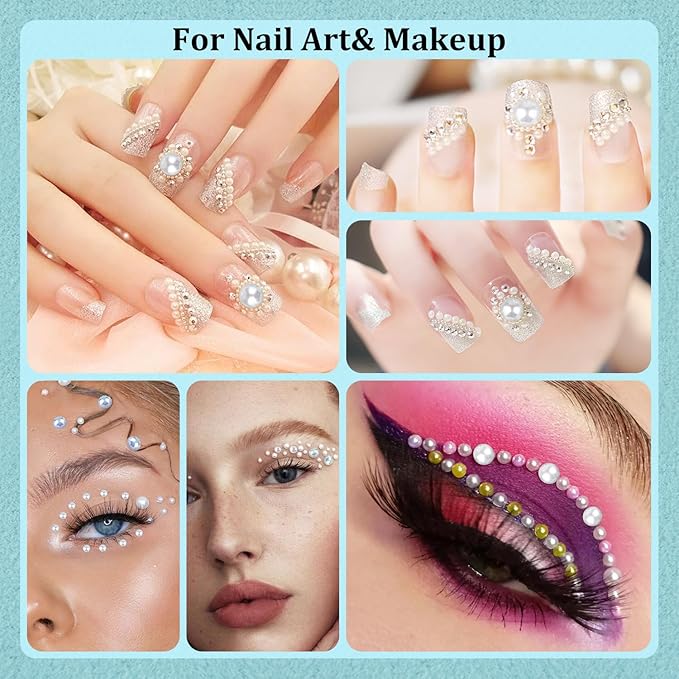 3 Boxes Flat Back Pearls Kit 12 Flatback Peach Half Round Pearls 3-10mm with Pickup Pencil and Tweezer for Home DIY and Professional Nail Art, Face Makeup and Craft