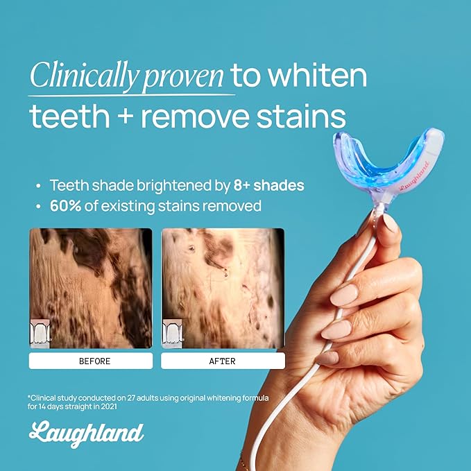 Laughland Super Strength Teeth Whitening Kit, Phone-Powered LED Mouthpiece & 3 Whitening Gel Syringes, 11% Hydrogen Peroxide, Glycerin, Aloe Vera & Mint, at Home Dental Care, 6+ Treatments