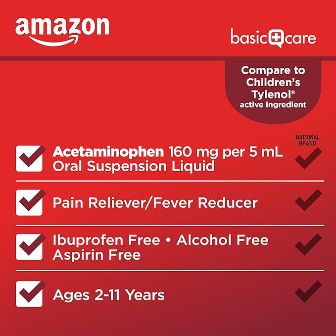 Amazon Basic Care Children's Pain and Fever Oral Suspension Liquid, Acetaminophen 160 mg per 5 mL, Bubblegum Flavor, 8 fl oz