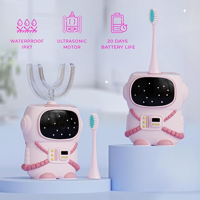 Bendi Sensory 360 Round U-Shaped Astronaut Design Mouthguard Electric Toothbrush for Kids Ages 2-7 - Automatic Memory Function - 5 Modes Toothbrush with Multiple Heads – Kids Travel Essentials (Pink)