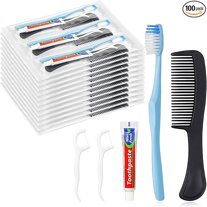 100 Sets Disposable Toothbrushes with Toothpaste Floss Comb Individually Wrapped, Disposable Toothbrush Bulk, 10g Toothpaste,Dental Floss,6in Comb Bulk Toothbrush Kit for Homeless,Airbnb,Hotel