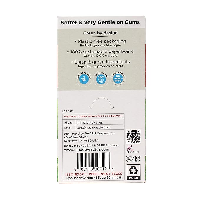 Radius Peppermint Dental Floss 55 Yards Vegan & Non-Toxic Oral Care Boost & Designed to Help Fight Plaque Clear - Pack of 4