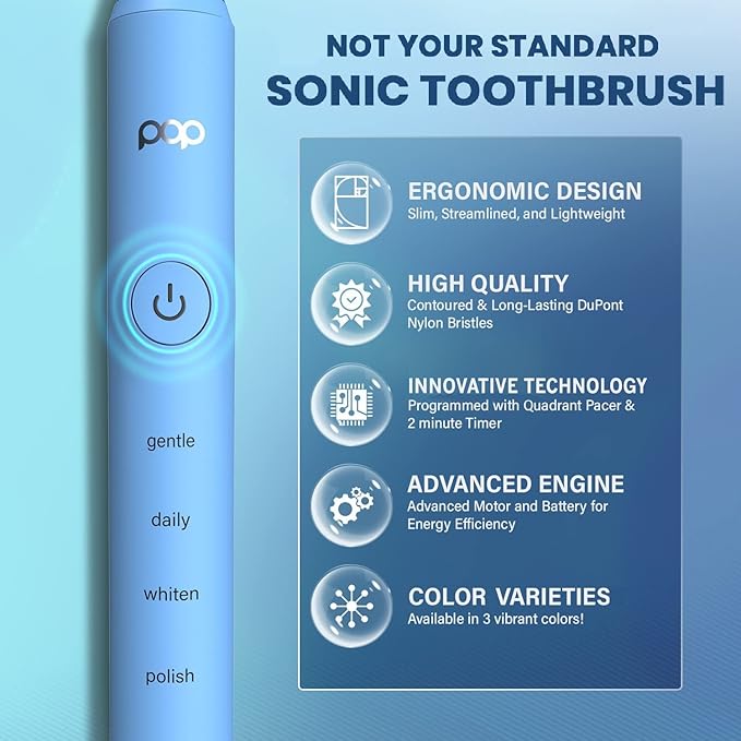 Pop Sonic Pro 2.0 Electric Toothbrush (Blue) Rechargeable Sonic Toothbrush with 45,000 Vibrations Per Minute & 4 Cleaning Modes for Adults & Kids with Long Lasting Dupont Nylon Bristles