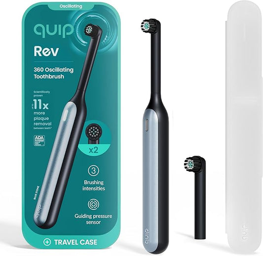Quip Rev 360 Oscillating Rechargeable Electric Toothbrush with Replaceable Brush Head - Soft Bristles, Pressure Sensor, 3 Intensities, 30-Day Battery Life, Travel Case - Blue Stone