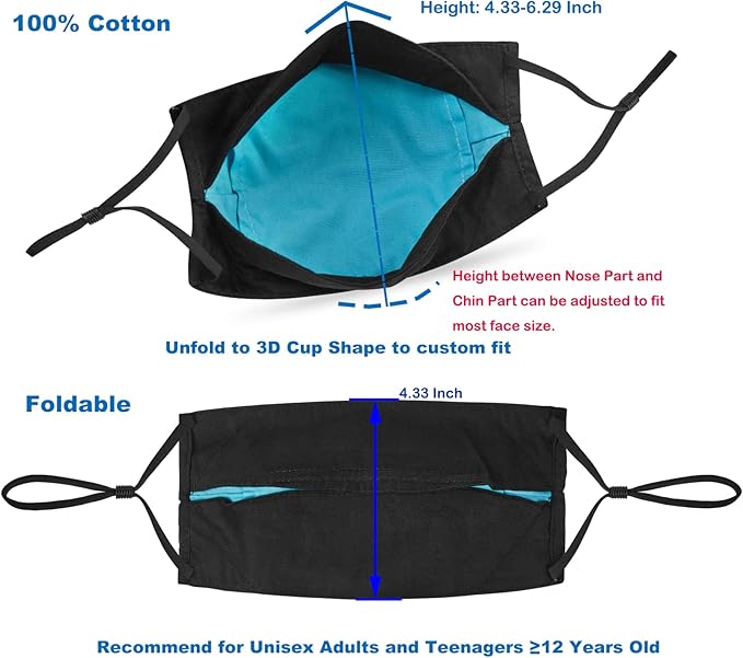 3-Ply Cloth Face Mask Reusable Washable, Organic Cotton Face Masks Nose Wire Filter Pocket Adjustable Ear Loops, Pack of 3 No Fog/Dust for Unisex Adult (1 Blue+1 Burgundy+1 Gray)