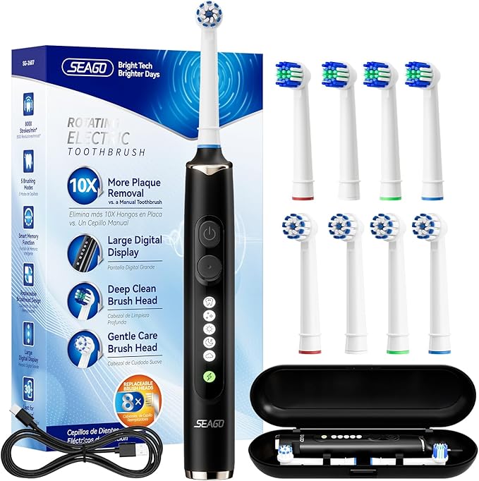 SEAGO Soft Round Electric Toothbrushes with 8 Spin Brush Heads, 5 Cleaning Modes, Rechargeable Sonic Toothbrush with Timer and Travel Case for Adults and Kids(SG-2607-Black