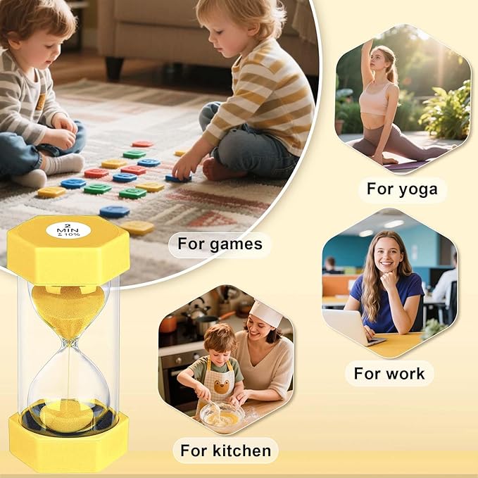 2 Minute Sand Timer Hourglass, Unbreakable Hexagon Plastic Sand Clock Reloj De Arena 2 Minutos, Colorful Hour Glass Sandglass for Classroom Games Kitchen (Yellow)