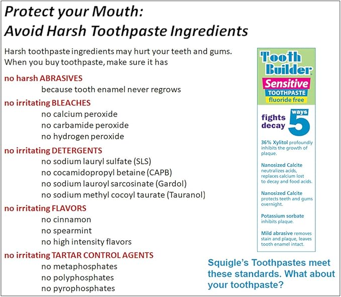 Squigle Tooth Builder SLS Free Toothpaste (Stops Tooth Sensitivity) Prevents Canker Sores, Cavities, Perioral Dermatitis, Bad Breath, Chapped Lips, 4 oz (24 Ounce (Pack of 6), Unflavored)