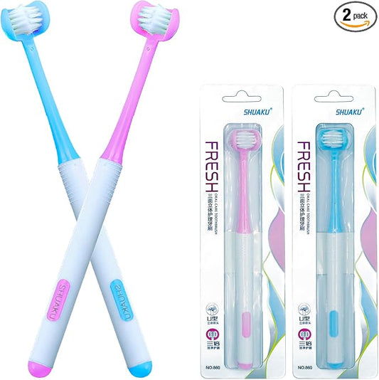 3 Sided Autism Toothbrush 360° Oral Teeth Cleaning Design U-Shaped Toothbrush 2 PCS Adult Soft Bristles Soft and Gentle for Complete Tooth and Gum Care (Blue+Pink)