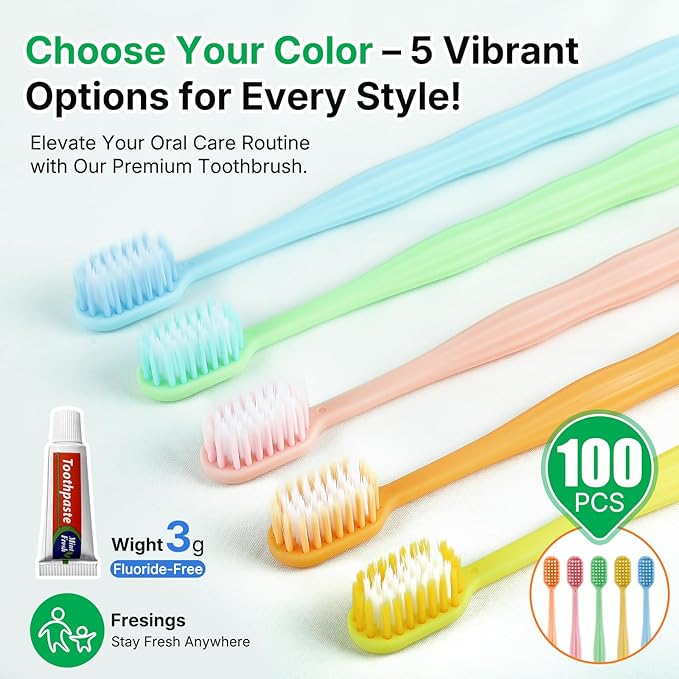 100 Pack Disposable Toothbrushes with Toothpaste, Individually Wrapped Soft Bristle Travel Toothbrush Bulk, Hotel Guest Amenities, Mint 3g Toothpaste Set for Camping, Donation & Oral Care Kit