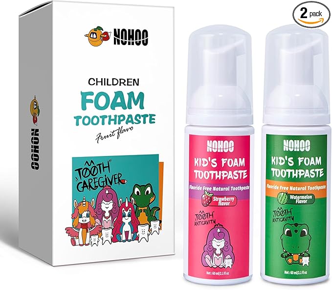 NOHOO Fluoride Free Foam Toothpaste Kids Fruit Flavour,Natural Training Toothpaste for Baby Toddler Children Oral Cleaning and Cavity Protection(Strawberry + Watermelon)