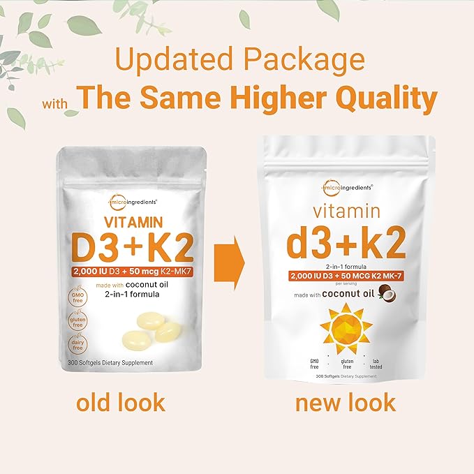 Micro Ingredients Vitamin D3 2,000 IU + K2 MK-7 50 mcg, 300 Softgels | Virgin Coconut Oil | 2-in-1 Bone, Immune & Heart Support | Easy to Swallow, Non-GMO