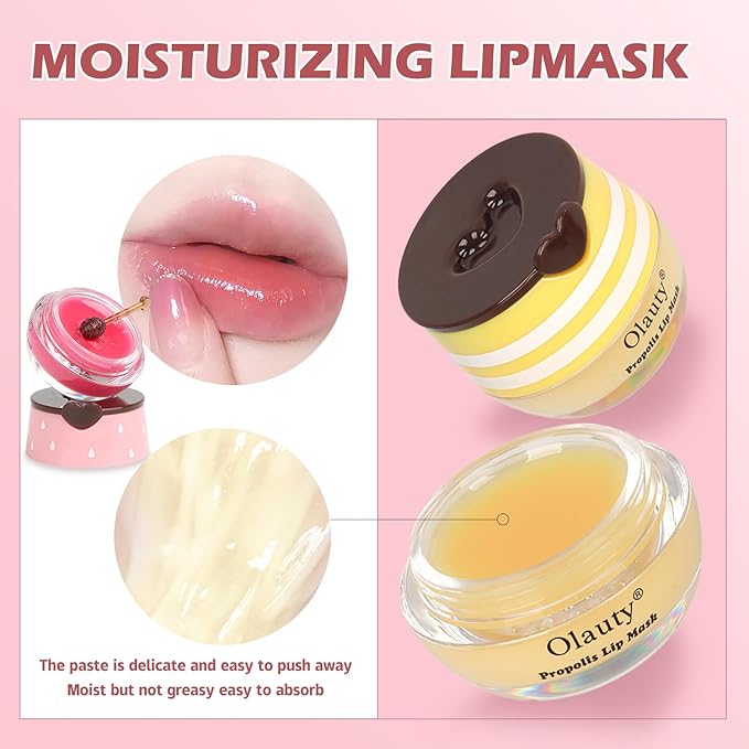 2 PCS Bee Lip Balm Lip Mask Honey Pot, Honey & Strawberry Lip Mask Propolis Moisturizing Lip Balm with Stick - Hydrating Prevention Dry and Cracked Lip Scrubs Exfoliato Lip Wrinkle Care